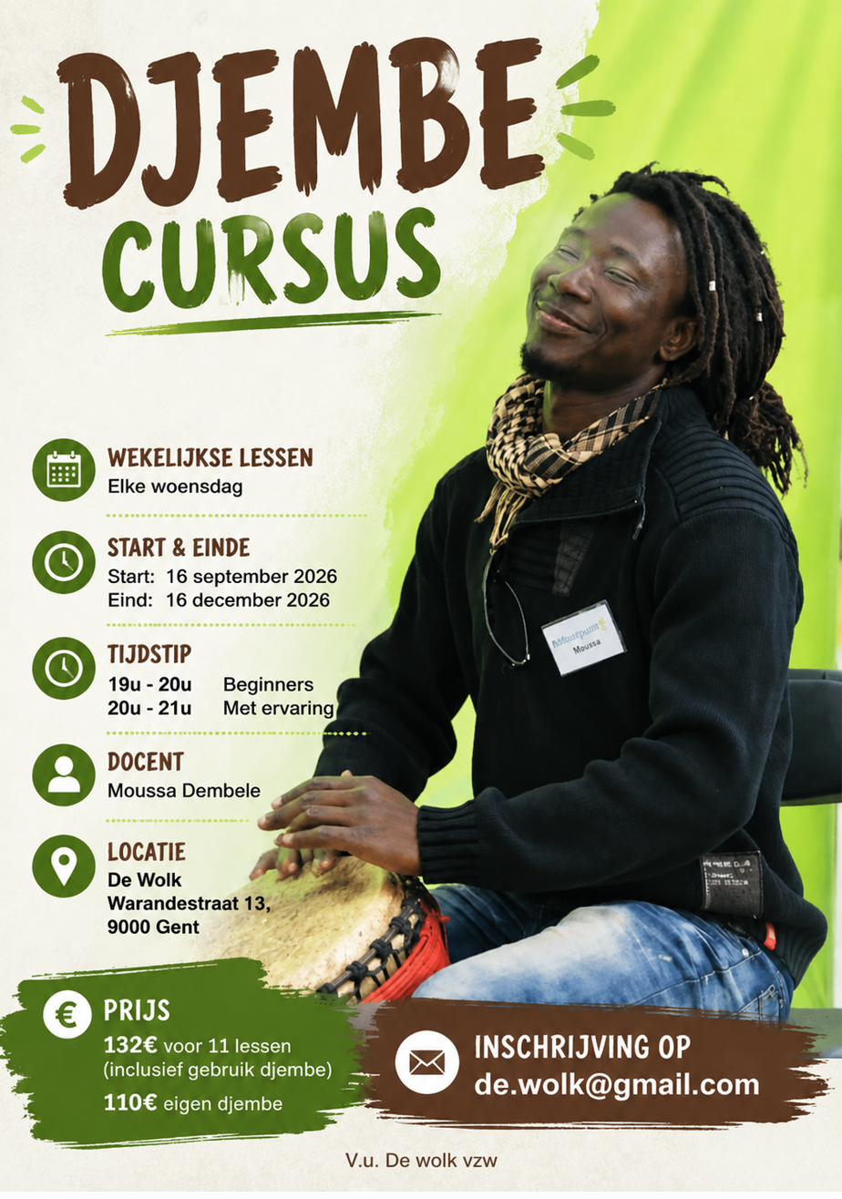 Djembé cursus flyer — De Wolk, Gent